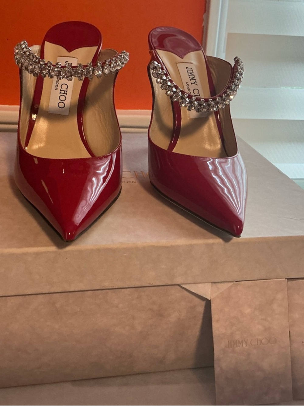 Jimmy Choo Red Patent Pointed-Toe Mules with Crystal Strap
